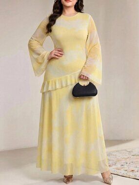 Pale Yellow Elegant Party Plus Size Women's Tie-Dye Ruffle Hem Strappy Dress